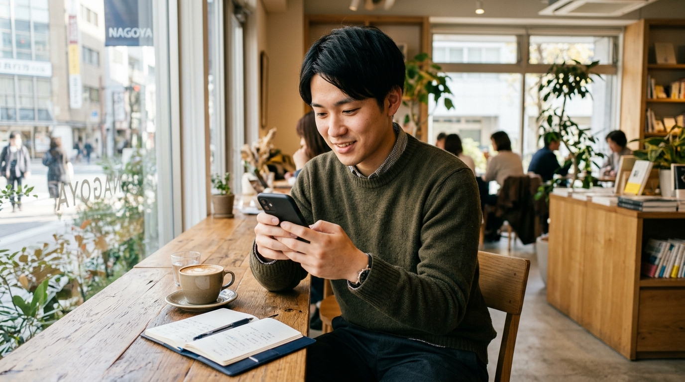カフェでスマホを使いながら、初めての転職先について真剣に考える20代の男性