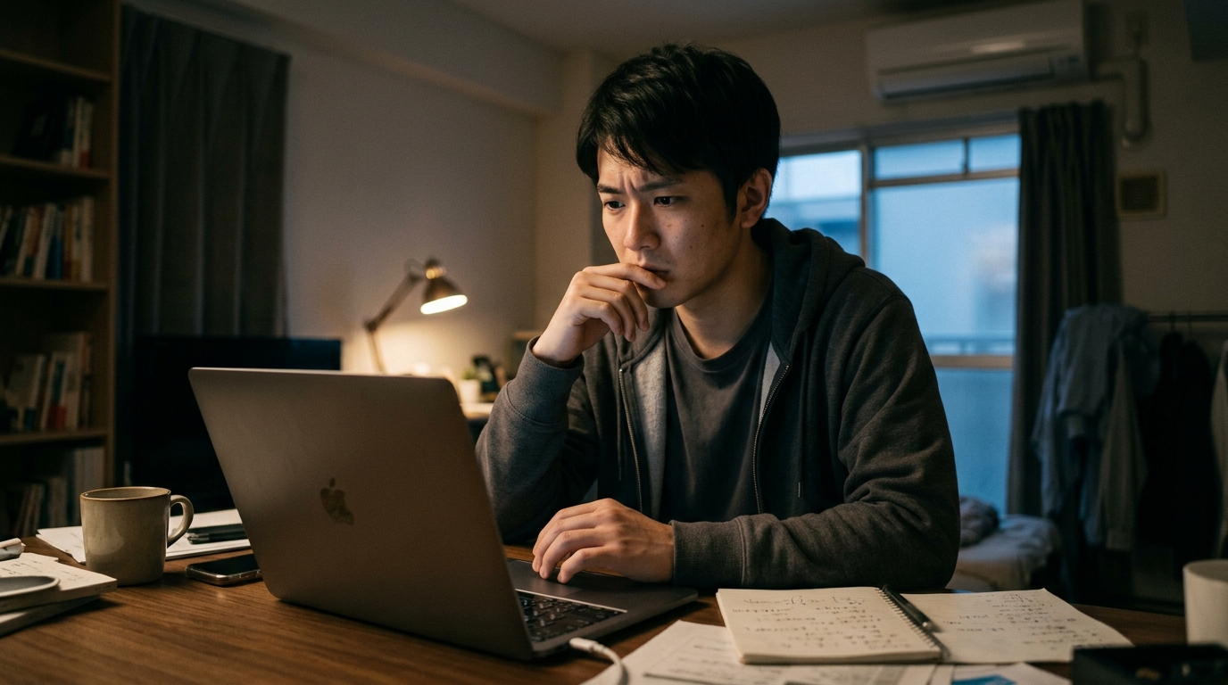 未経験で土木施工管理に転職できるか悩む若手男性の様子。転職への不安を表現したイメージ