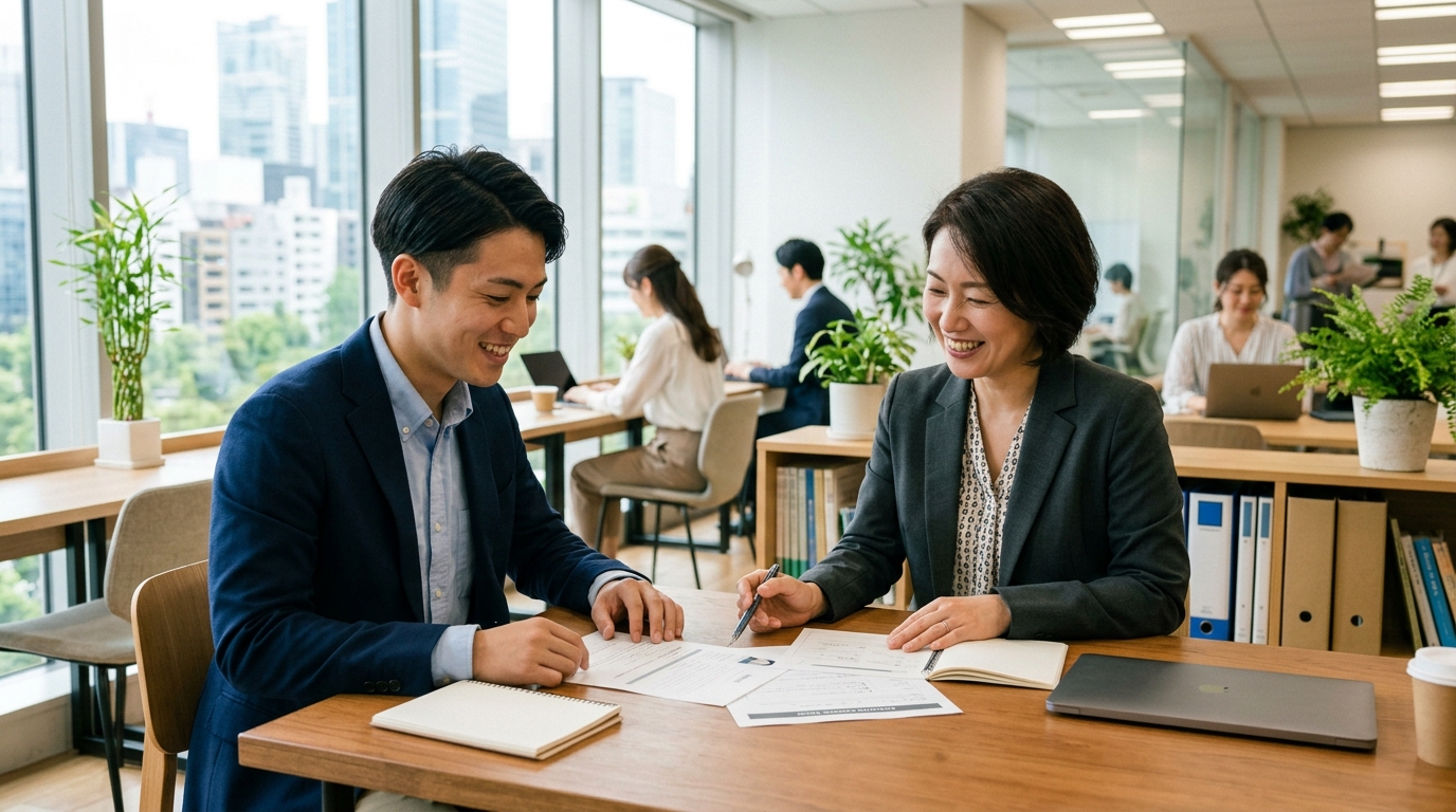 未経験から土木施工管理への転職について相談する若手の様子。キャリア支援のイメージ