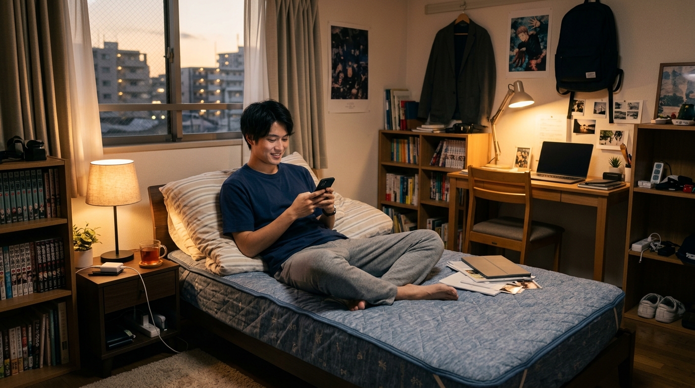 寮生活で一人暮らしを始めた若手男性のリラックスした日常の様子