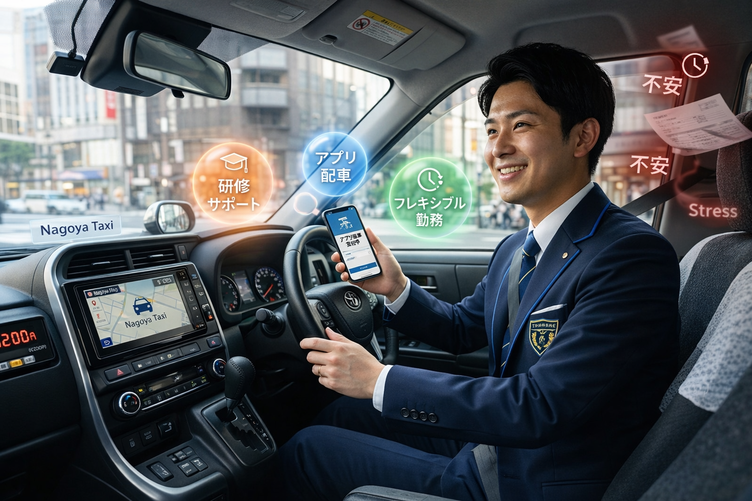 モダンなタクシーの運転席で、不安な表情から一転して自信と笑顔を見せる20代〜30代の日本人男性ドライバー（ネイビー×ブルー）。彼の周囲には、スカイブルーとフレッシュグリーンの光に照らされ、「研修サポート」「アプリ配車」「フレキシブル勤務」といった手厚いサポート体制を示すホログラフィックアイコンが浮いており、漠然とした「きつい」イメージがリアルの支援によって解消された瞬間を表現している。