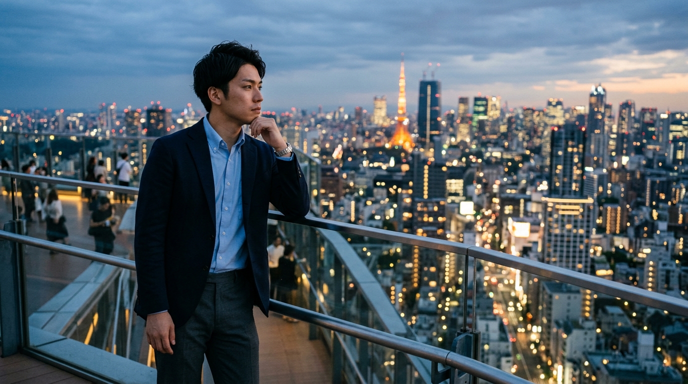 転職を考える若手男性が街中で将来について悩んでいる様子
