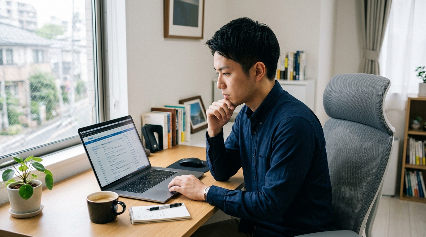 転職活動で求人情報を比較しながら検討する若手男性の様子