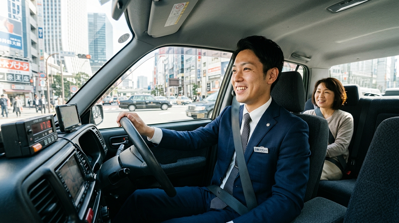若手のタクシードライバーが乗客と会話しながら信頼関係を築き成功している様子