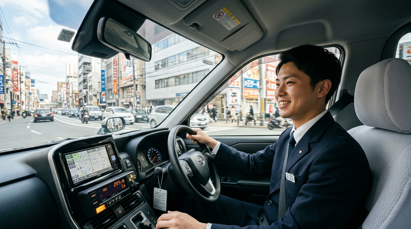 20代の若手タクシードライバーが働く様子と仕事内容のイメージ