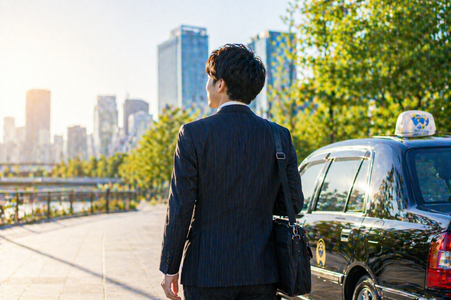 つばめグループ風の制服を着た20代男性ドライバーが黒いタクシー車両の横で街並みを見つめ、新しいキャリアへ踏み出す前向きな姿を表現したコラム用画像