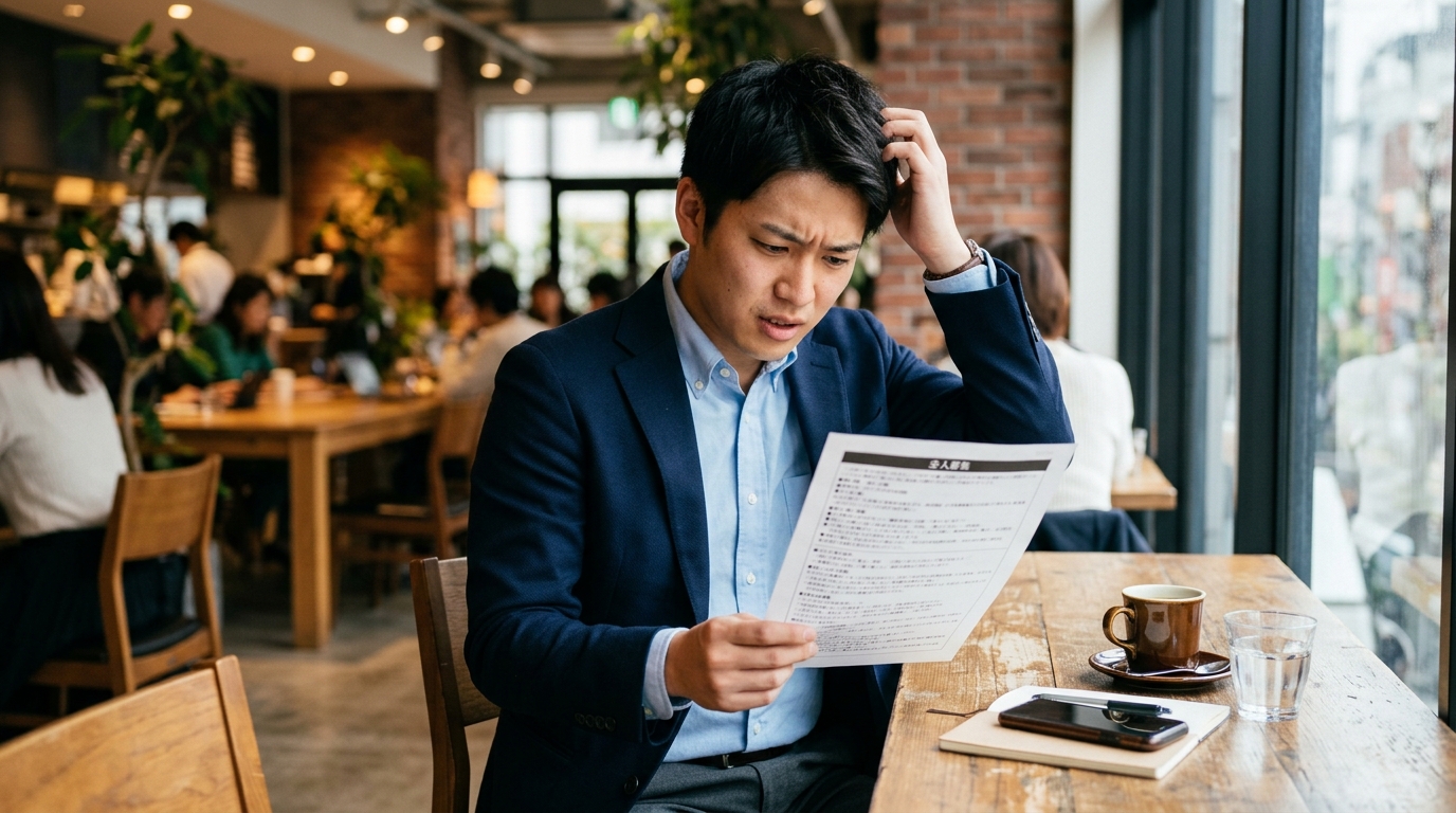 求人票を見ながら不安そうに悩む若手社会人と転職で失敗するイメージ