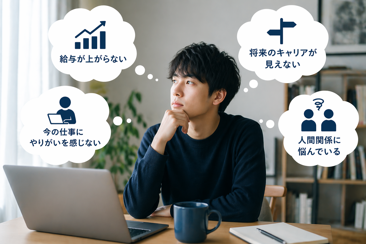 自宅でノートパソコンを前にした20代男性が将来の仕事や収入、人間関係について悩みながら転職を考えている様子を表現した画像
