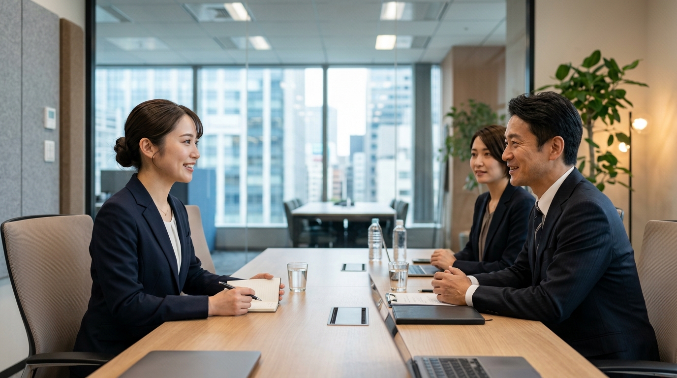 面接で企業に質問しながら判断する若手転職者と転職成功のイメージ