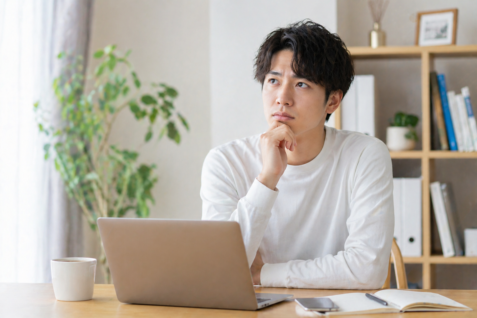 ノートパソコンの前で将来の働き方や転職について真剣に考える20代男性が、自宅のデスクで悩んでいる様子を表現したコラム用画像