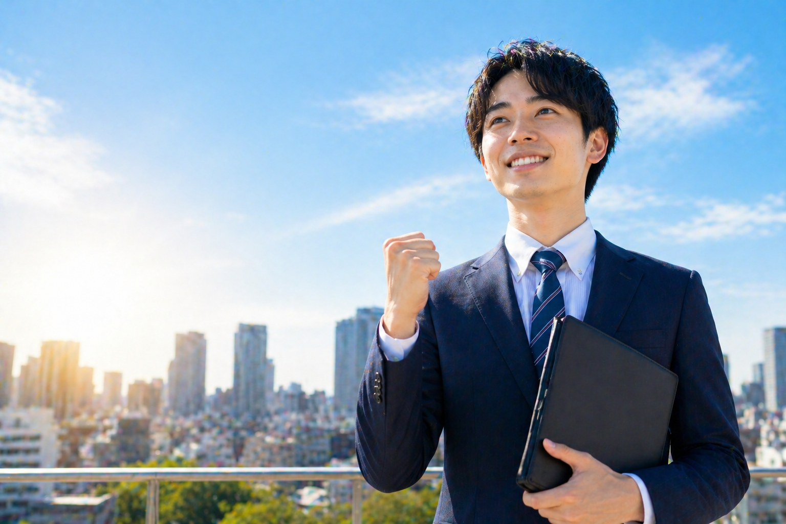 スーツ姿の20代男性が都市の景色を背にファイルを持ちながら拳を握り、未経験からでも若いうちに挑戦することで広がるキャリアの可能性を表現したコラム用画像