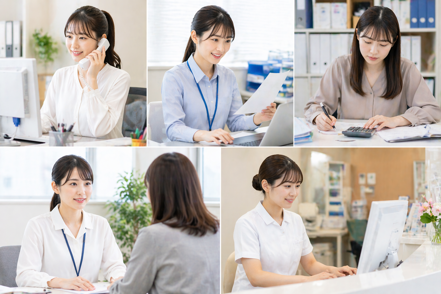 電話対応や書類作成、経理業務、受付対応など、さまざまな事務職の仕事内容を若手女性スタッフの働く姿で表現したコラム用画像