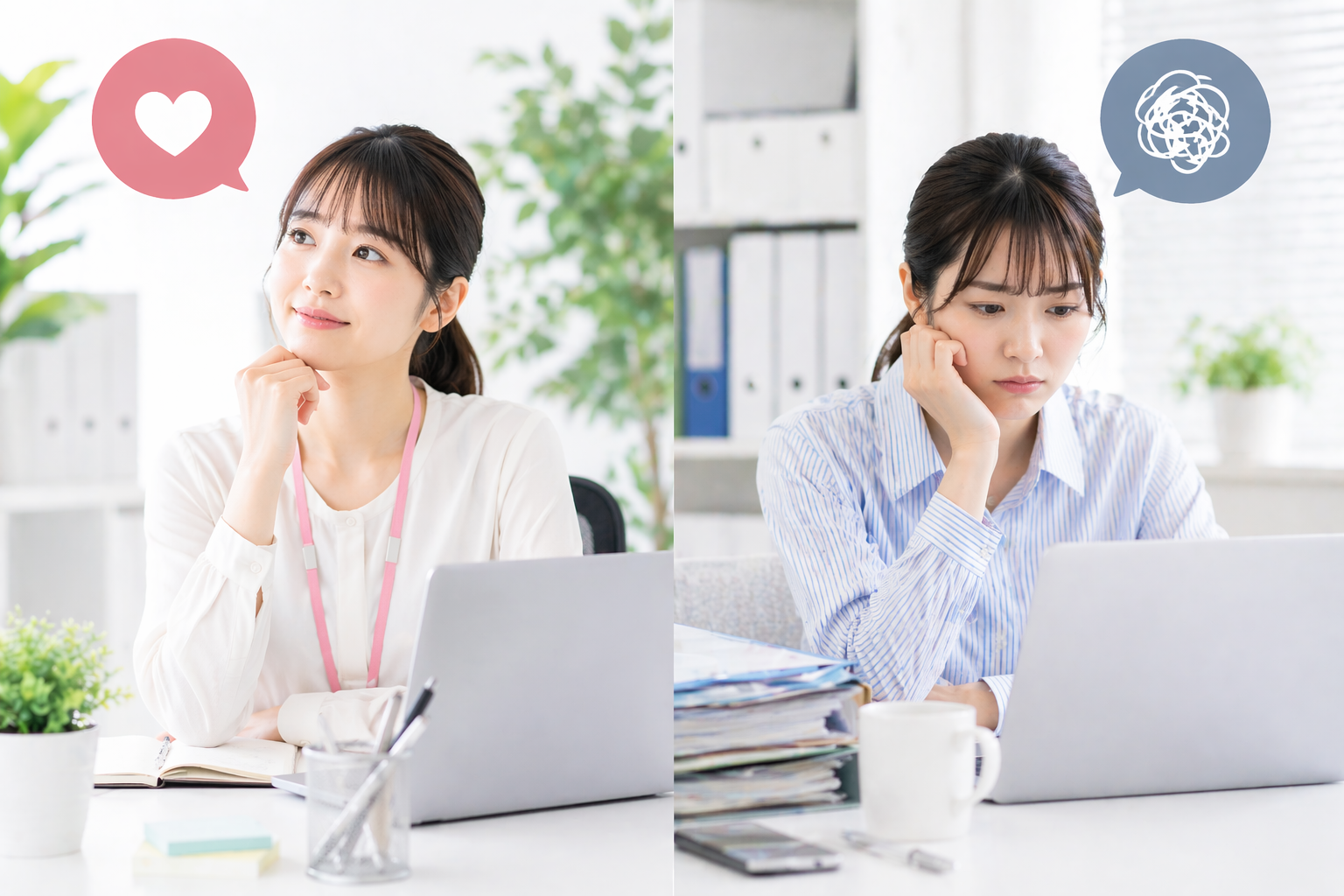 オフィスで前向きに仕事へ取り組む女性と、仕事に悩みながらパソコンを見る女性を対比し、事務職に向いている人と向かない人の違いを表現したコラム用画像