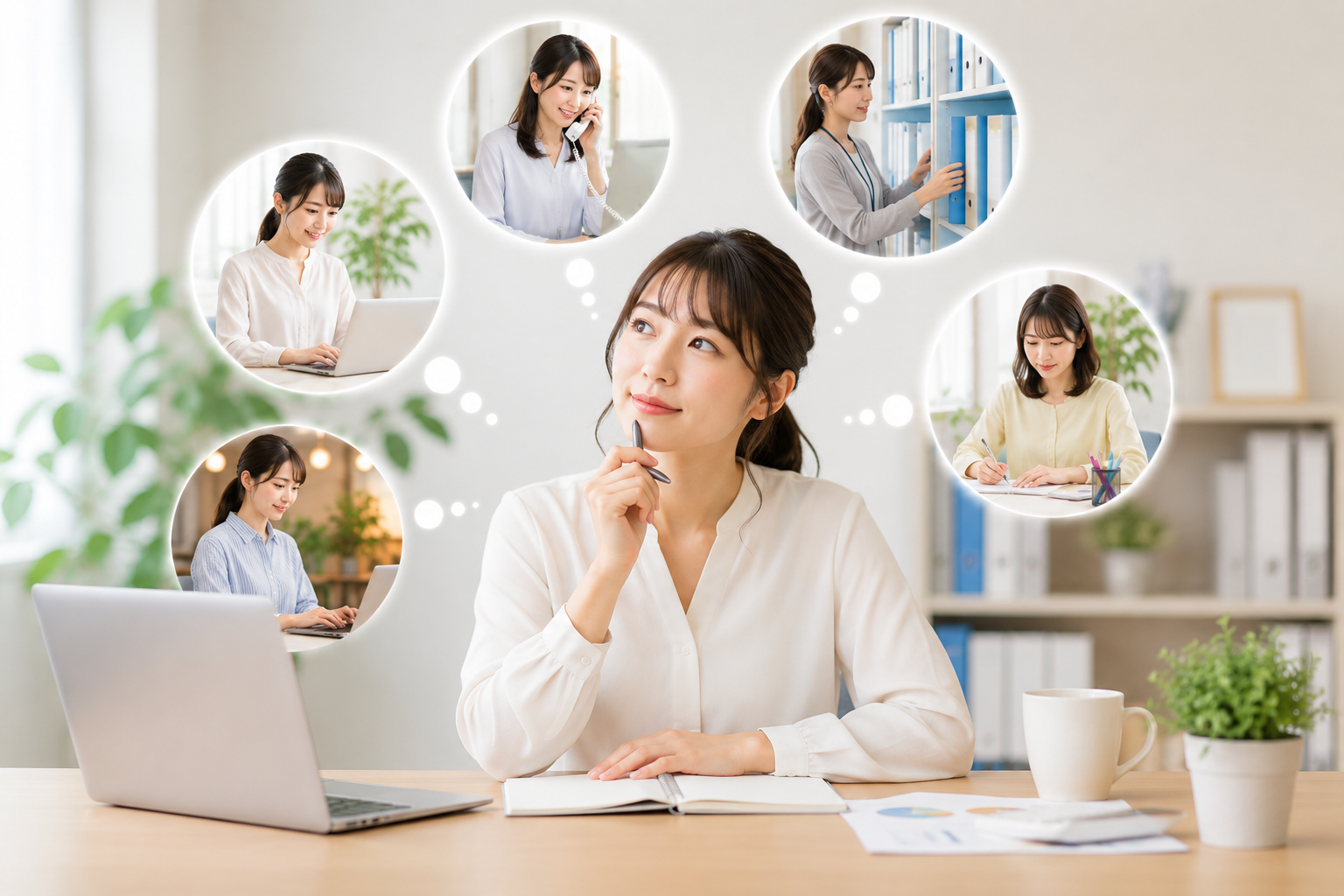 さまざまな事務職の働き方をイメージしながら、自分に合う仕事について考える女性の様子