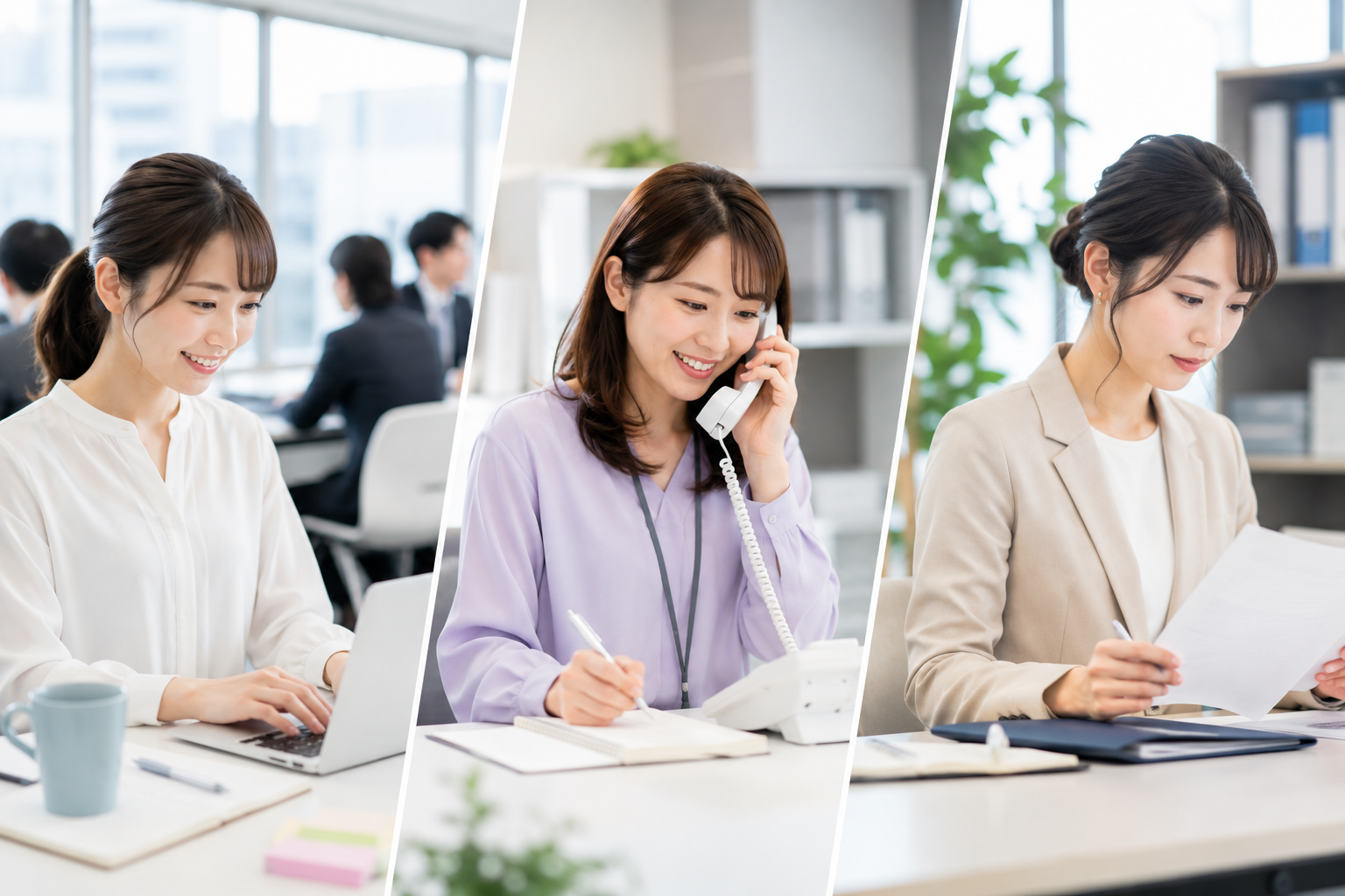 パソコン業務や電話対応、書類作成など異なる事務作業を行う女性スタッフたちの様子