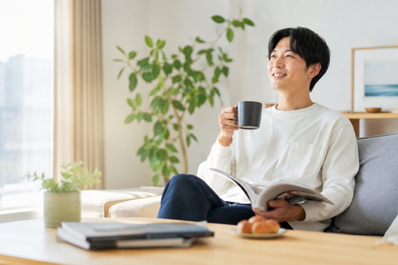 休日に自宅でリラックスする男性のイメージ画像|月12勤務でプライベート時間を確保しやすいタクシードライバー求人向け素材