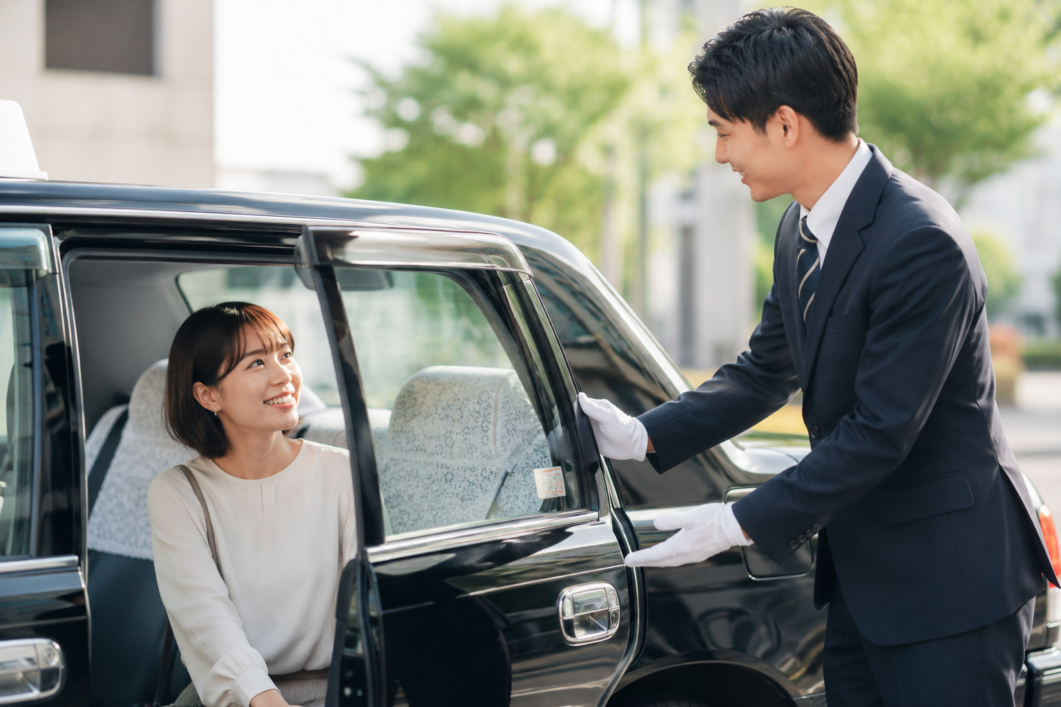 お客様を笑顔で案内する若手タクシードライバーの接客イメージ画像|奈良市の地域密着型タクシー求人