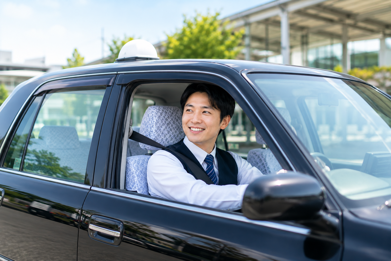 笑顔で運転する若手タクシードライバーのイメージ画像｜未経験歓迎・地域密着の送迎業務