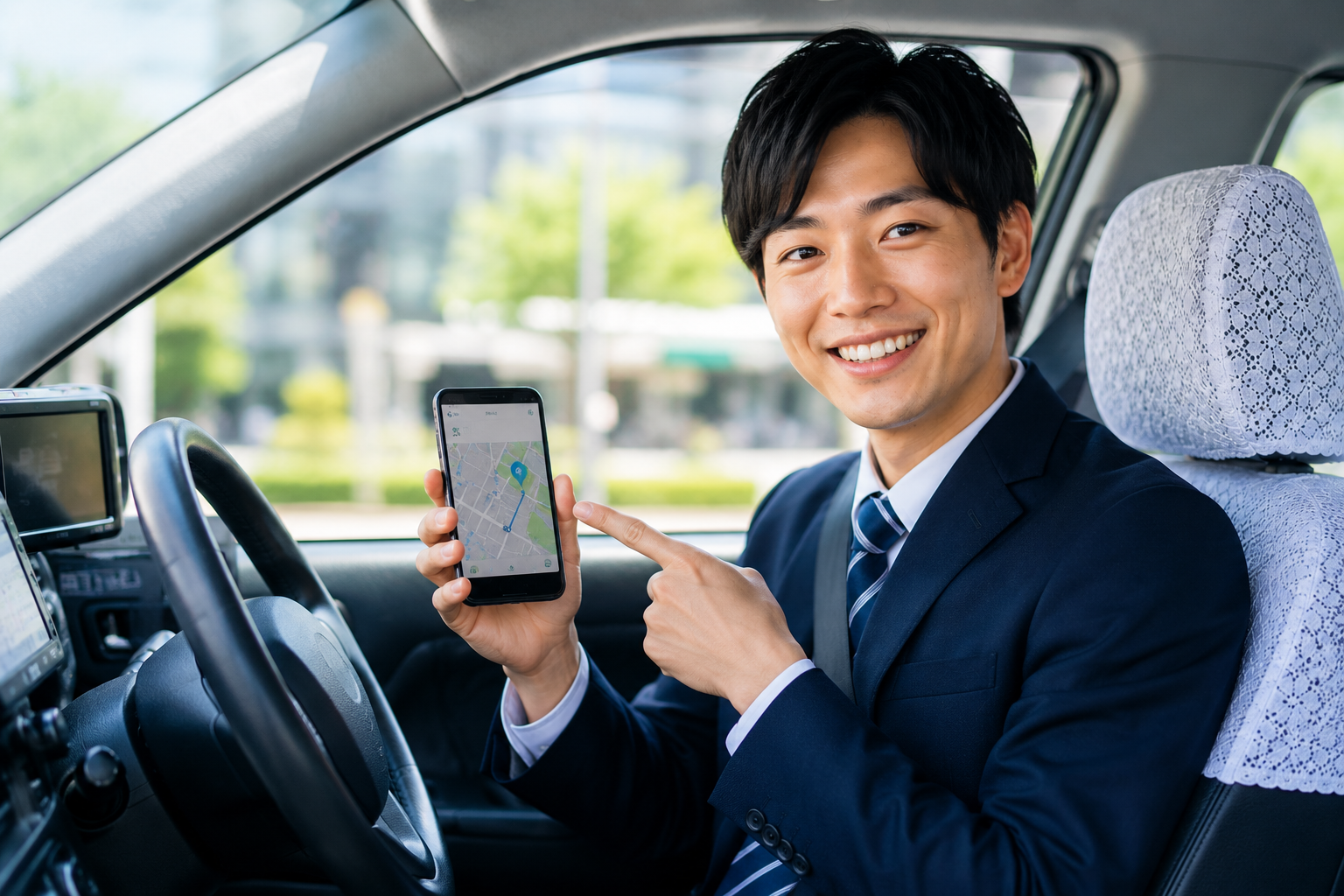 車内で配車アプリ画面を見せる男性ドライバーのイメージ画像|未経験歓迎タクシードライバー求人素材