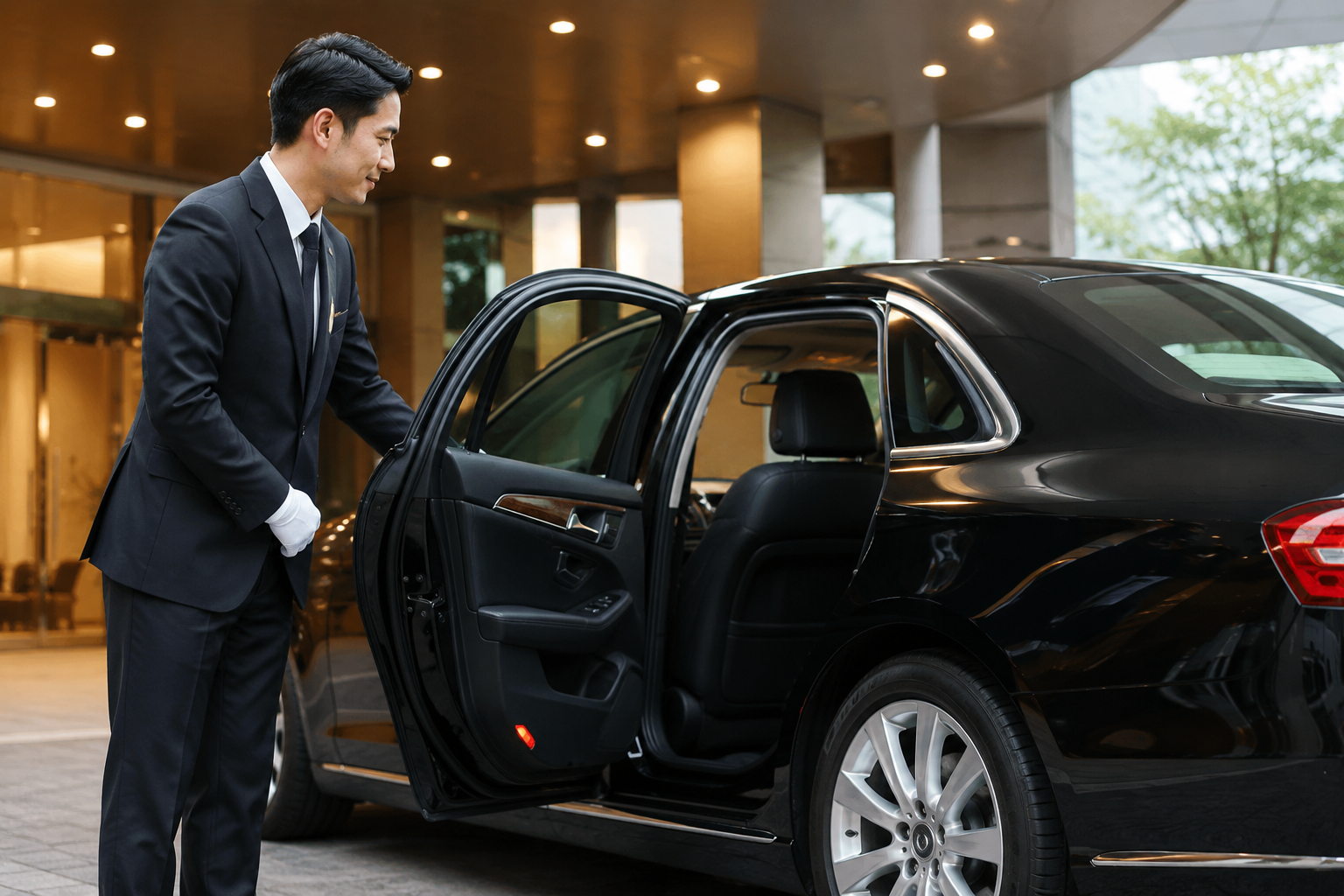 高級感のある車両のドアを開けてお客様をお迎えするハイヤードライバーのイメージ画像。未経験から挑戦できる送迎ドライバー求人