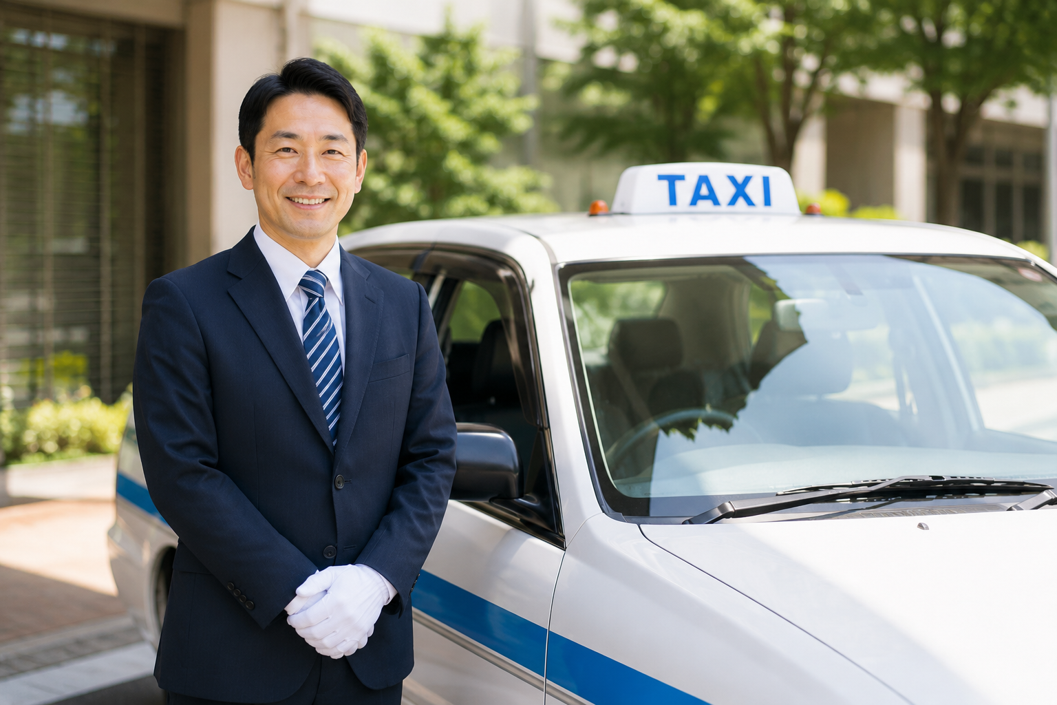 笑顔のタクシードライバーが車両の前に立つイメージ画像。未経験から挑戦できる北海道札幌市のタクシードライバー求人