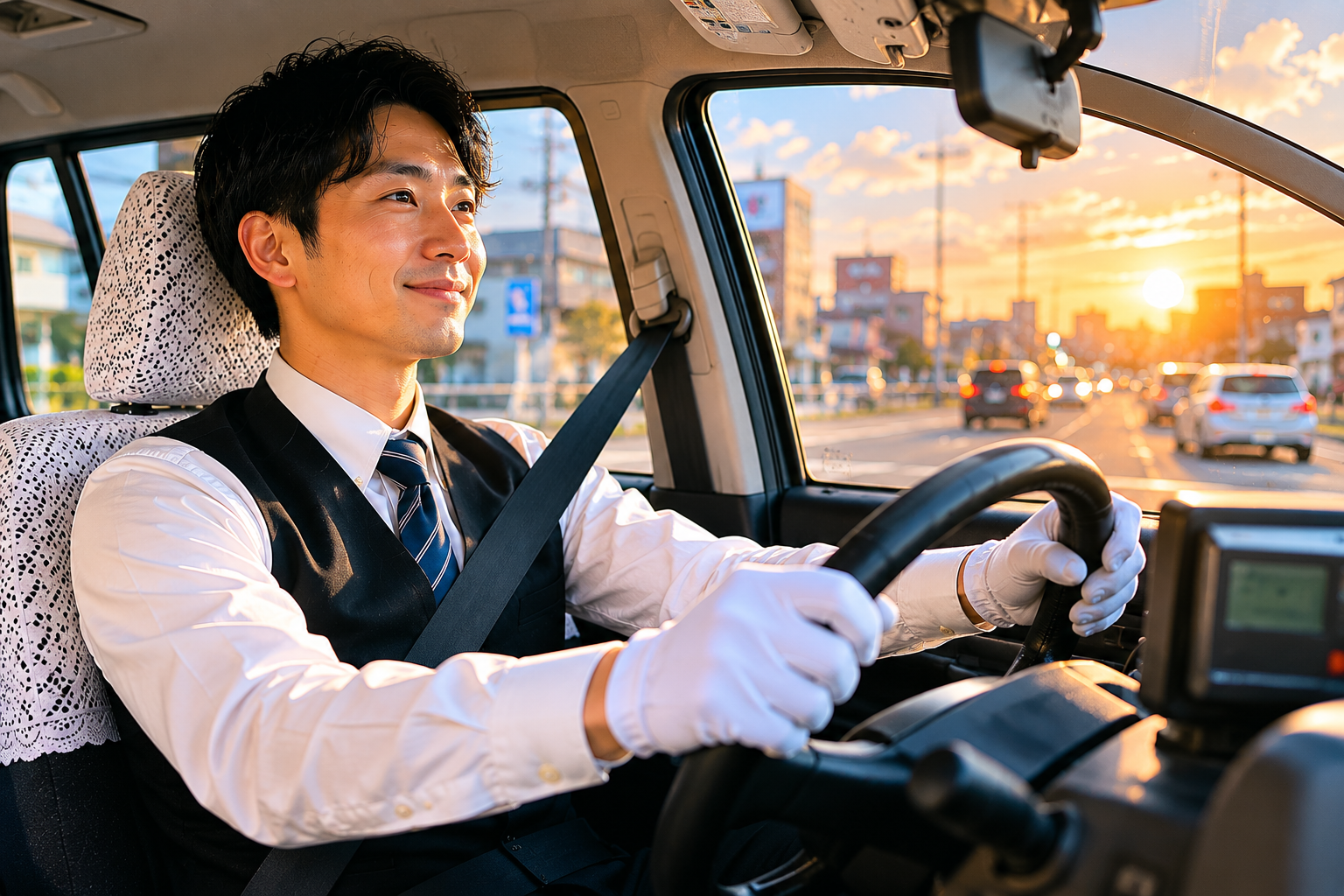 夕暮れの街を運転する若手タクシードライバーのイメージ画像|隔日勤務で地域の移動を支える送迎ドライバー求人素材