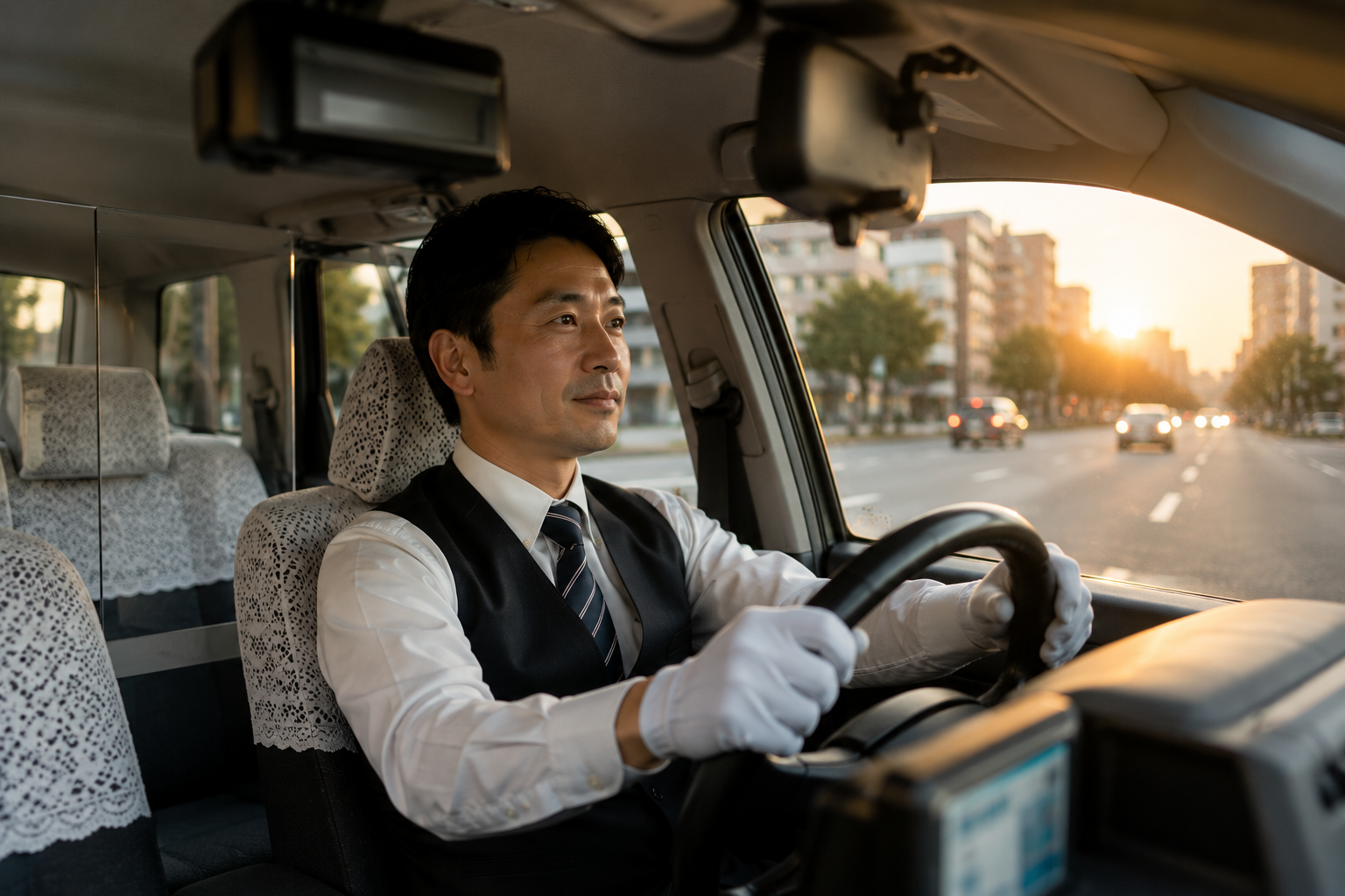 夕方の市街地を走行するタクシードライバーのイメージ画像｜予約配車中心で地域の移動を支える乗務員求人素材
