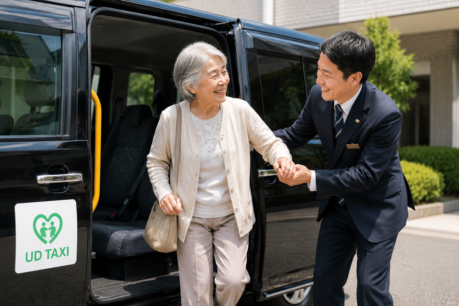 高齢女性の乗車をサポートするUDタクシードライバー。介護や福祉の経験を活かして活躍できる移動支援サービスのイメージ