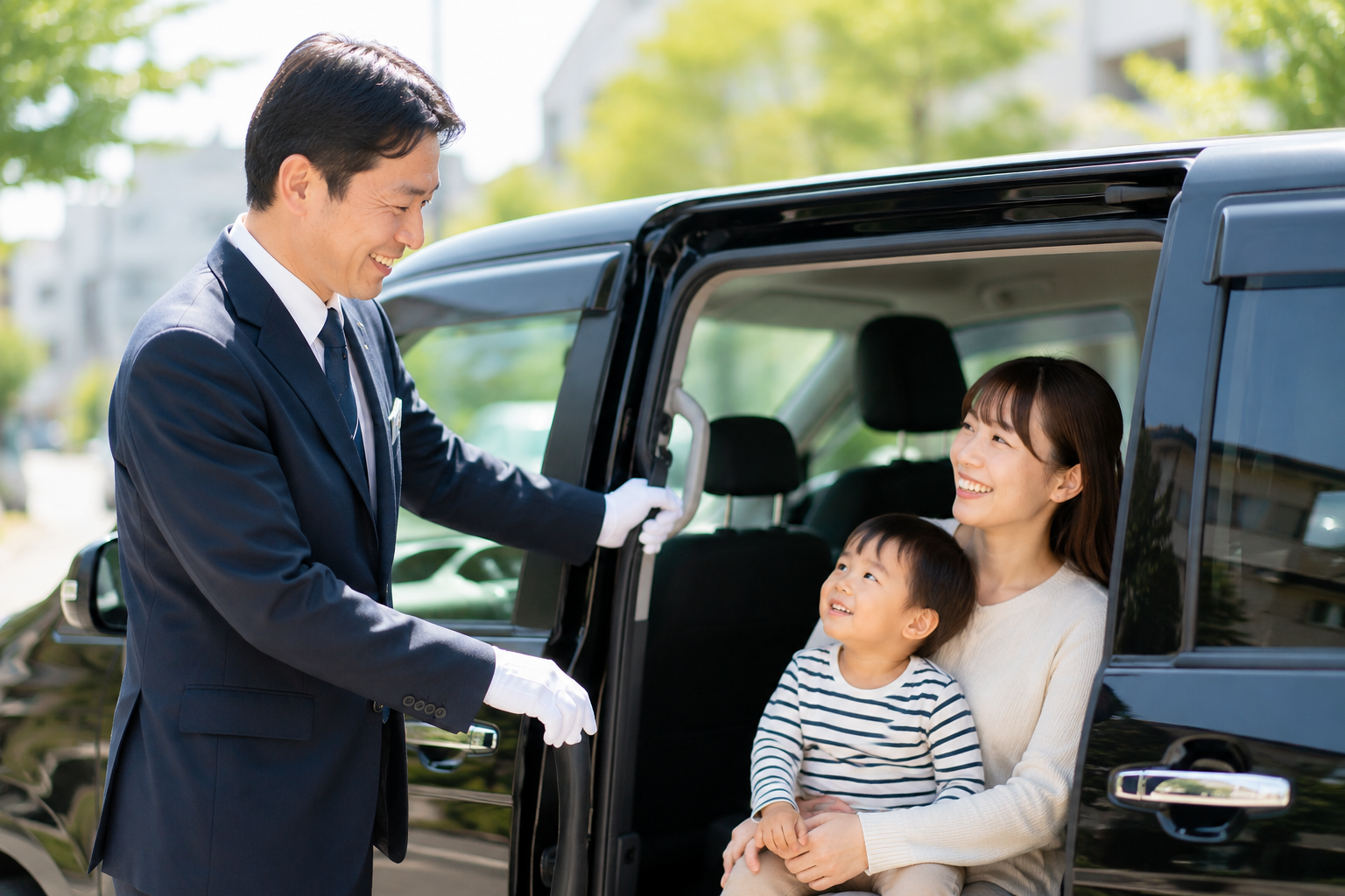 お子さまとお母さまの乗車をサポートする子育て応援ドライバーのイメージ。京都府長岡京市の送迎ドライバー求人