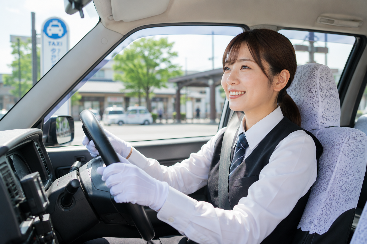 笑顔で運転する女性タクシードライバーのイメージ画像。山形県米沢市で地域のお客様を支える日勤ドライバー求人