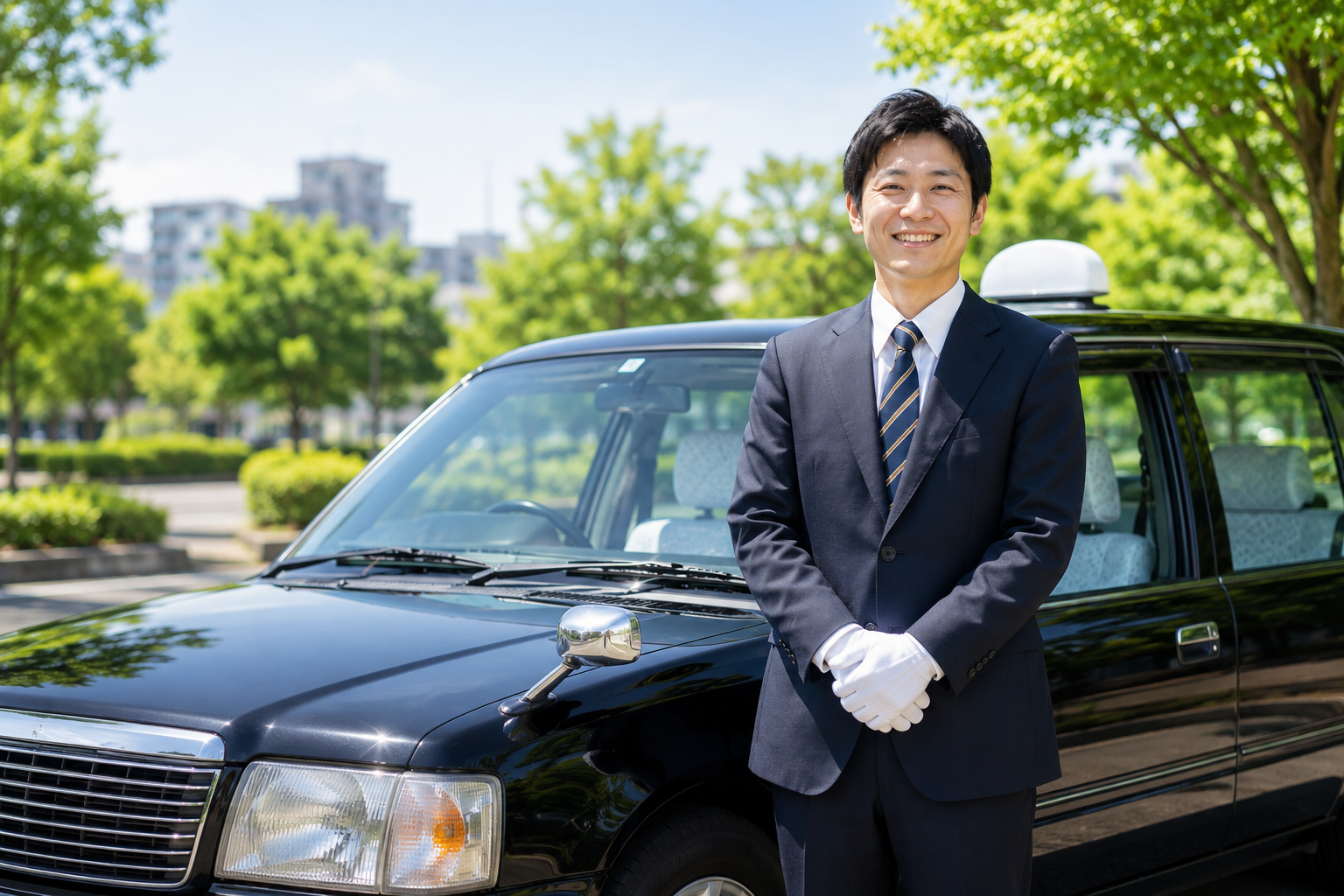 黒色のタクシー車両の前で笑顔を見せるタクシードライバーのイメージ画像。福島県福島市のタクシードライバー求人
