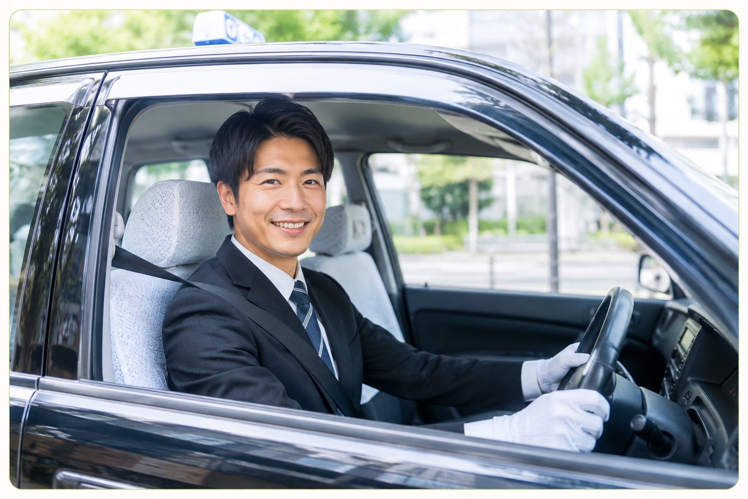 笑顔で運転席に座るタクシードライバー。普通免許からスタートできる未経験歓迎の求人イメージ