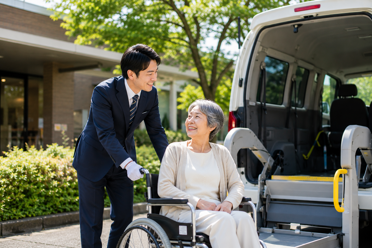 車いす利用者の送迎をサポートするケアサポートドライバーのイメージ。京都府長岡京市の福祉送迎求人