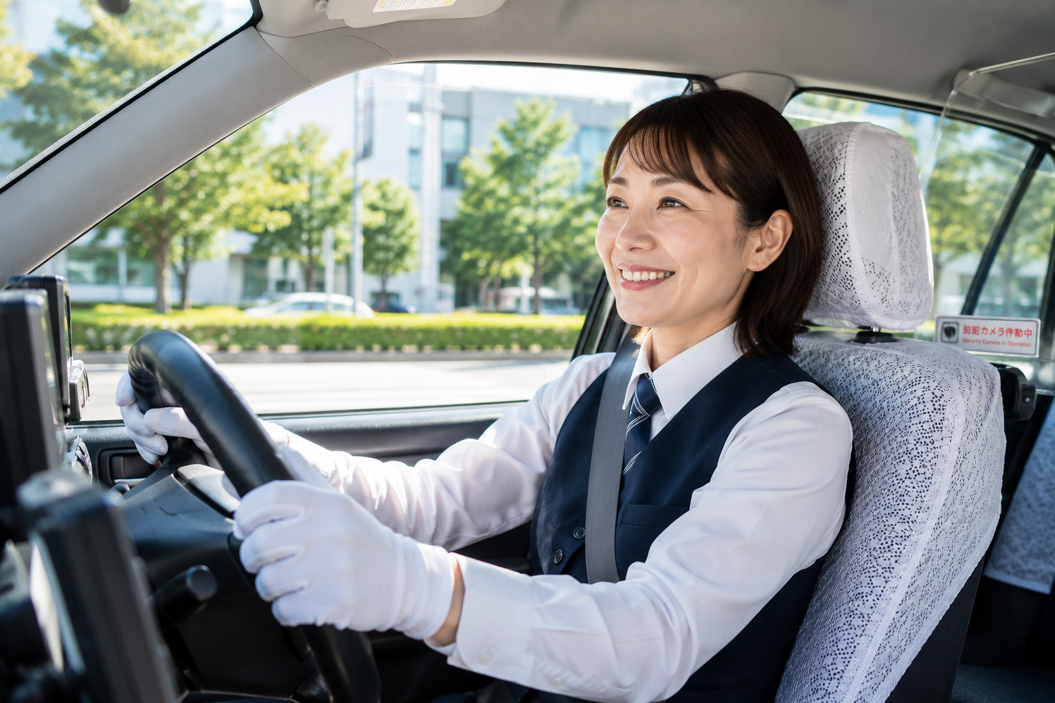 笑顔で運転する女性タクシードライバーの乗務風景。未経験から始められる地域密着型タクシードライバー求人のイメージ画像