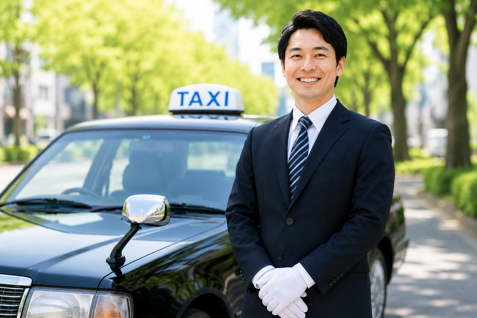市街地で待機するタクシードライバーのイメージ画像｜配車アプリや電話予約を中心にお客様を送迎する日勤乗務員求人素材